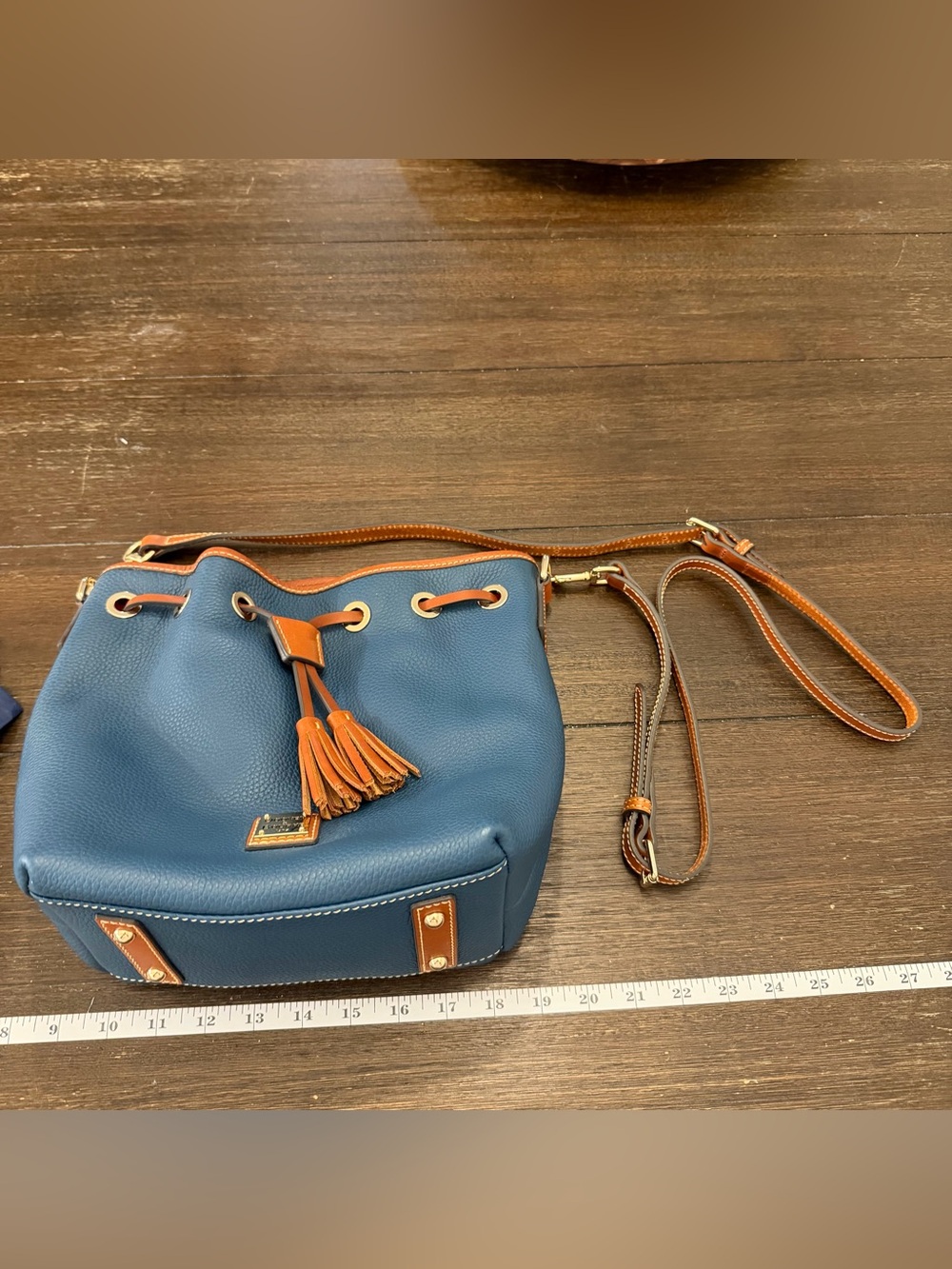 Dooney & Bourke Blue Leather Drawstring Crossbody with Tan Accents New w/o Tags